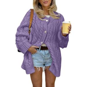 image:imageCHARTOU Women Chunky Cable Knit Cardigan Sweaters Button Up Loose Warm Sweater CoatsPurple