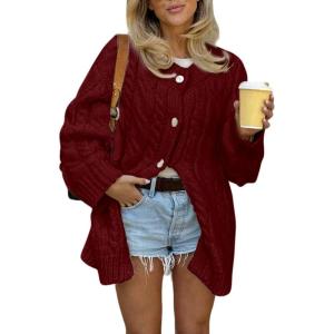 image:imageCHARTOU Women Chunky Cable Knit Cardigan Sweaters Button Up Loose Warm Sweater CoatsWine