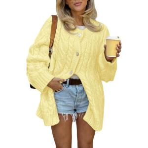 image:imageCHARTOU Women Chunky Cable Knit Cardigan Sweaters Button Up Loose Warm Sweater CoatsYellow