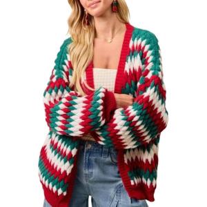 image:imageCHARTOU Women Color Stripes Chunky Cardigan Sweater Open Front Balloon Long Sleeve Knit Outwear CoatRed