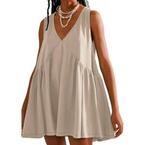 image:imageCHARTOU Women Comfy V Neck Sleeveless Ruffle Tunic Shirt Babydoll Mini DressApricot