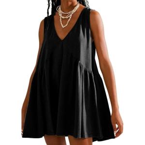 image:imageCHARTOU Women Comfy V Neck Sleeveless Ruffle Tunic Shirt Babydoll Mini DressBlack