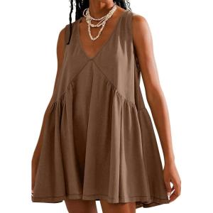image:imageCHARTOU Women Comfy V Neck Sleeveless Ruffle Tunic Shirt Babydoll Mini DressCoffee