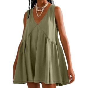 image:imageCHARTOU Women Comfy V Neck Sleeveless Ruffle Tunic Shirt Babydoll Mini DressGreen