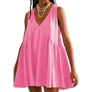 image:imageCHARTOU Women Comfy V Neck Sleeveless Ruffle Tunic Shirt Babydoll Mini DressPink