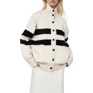image:imageCHARTOU Women Contrast Stripes Knit Cardigan Sweater Oversized Button Down Turtleneck Sweater CoatBeige