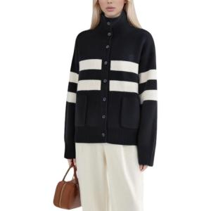 image:imageCHARTOU Women Contrast Stripes Knit Cardigan Sweater Oversized Button Down Turtleneck Sweater CoatBlack
