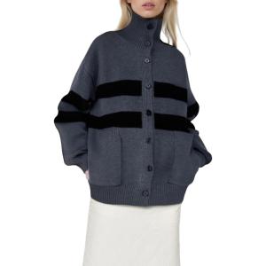 image:imageCHARTOU Women Contrast Stripes Knit Cardigan Sweater Oversized Button Down Turtleneck Sweater CoatGrey