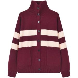 image:imageCHARTOU Women Contrast Stripes Knit Cardigan Sweater Oversized Button Down Turtleneck Sweater CoatWine Red