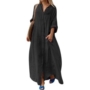 image:imageCHARTOU Women Cotton Linen Long Sleeve Dress Button Down Shirt Dress Flowy Caftan Swimsuit Beach Cover Ups SundressBlack