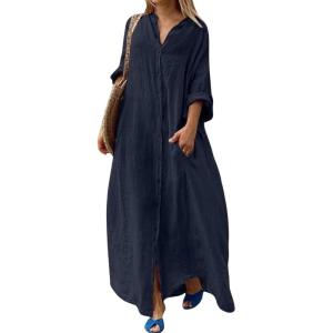 image:imageCHARTOU Women Cotton Linen Long Sleeve Dress Button Down Shirt Dress Flowy Caftan Swimsuit Beach Cover Ups SundressNavy