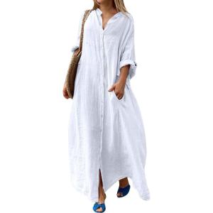 image:imageCHARTOU Women Cotton Linen Long Sleeve Dress Button Down Shirt Dress Flowy Caftan Swimsuit Beach Cover Ups SundressWhite