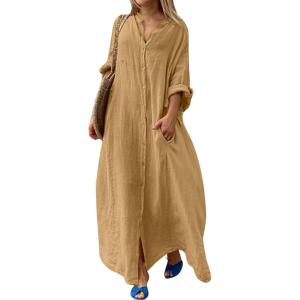 image:imageCHARTOU Women Cotton Linen Long Sleeve Dress Button Down Shirt Dress Flowy Caftan Swimsuit Beach Cover Ups SundressYellow