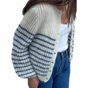 image:imageCHARTOU Women Crewneck Striped Rib Knit Cardigan Chunky Fall Winter Thick Long Sleeve Cropped Sweater TopBlue