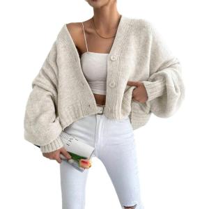 image:imageCHARTOU Women Crop Cardigan Oversized Long Lantern Sleeve Open Front Cardigan Soft Sweater CoatsBeige