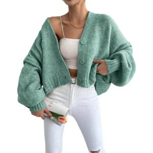 image:imageCHARTOU Women Crop Cardigan Oversized Long Lantern Sleeve Open Front Cardigan Soft Sweater CoatsGreen