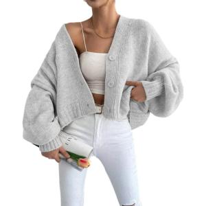 image:imageCHARTOU Women Crop Cardigan Oversized Long Lantern Sleeve Open Front Cardigan Soft Sweater CoatsGrey