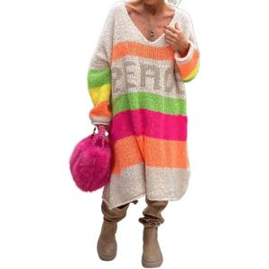 image:imageCHARTOU Women Fall Loose Contrast Striped Long Sleeve V Neck Off Shoulder Knit Sweater DressApricot