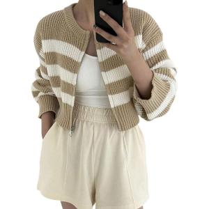 image:imageCHARTOU Women Fall Zip Up Cardigan Stripes Crop Sweater Chunky Knit Casual Jacket Outfits TopsApricot