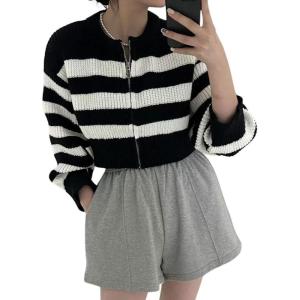 image:imageCHARTOU Women Fall Zip Up Cardigan Stripes Crop Sweater Chunky Knit Casual Jacket Outfits TopsBlack