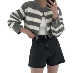 image:imageCHARTOU Women Fall Zip Up Cardigan Stripes Crop Sweater Chunky Knit Casual Jacket Outfits TopsGrey