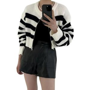 image:imageCHARTOU Women Fall Zip Up Cardigan Stripes Crop Sweater Chunky Knit Casual Jacket Outfits TopsWhite