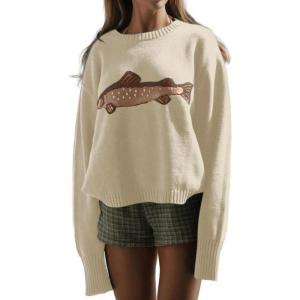 image:imageCHARTOU Women Fashion Crew Neck Rib Knit Crucian Carp Graphic Oversized Y2k Pullover Sweater JumperBeige