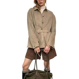 image:imageCHARTOU Women Faux Suede Coat Jacket Fall 2025 Button Down Long Sleeve Outwear Shacket with BeltKhaki