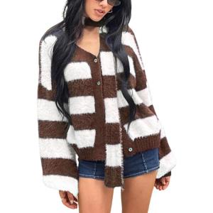image:imageCHARTOU Women Fuzzy Knit Sweater Striped Open Front Cardigan Sweater with ScarfBrown