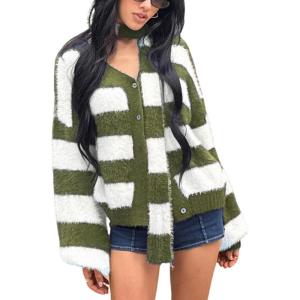 image:imageCHARTOU Women Fuzzy Knit Sweater Striped Open Front Cardigan Sweater with ScarfGreen
