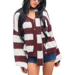 image:imageCHARTOU Women Fuzzy Knit Sweater Striped Open Front Cardigan Sweater with ScarfWine