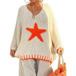 image:imageCHARTOU Women Fuzzy V Neck Off Shoulder Star Graphic Drape Oversized Pullover Sweater with Contrast TrimOrange