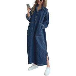 image:imageCHARTOU Women LaidBack Oversized Denim Shirt Dresses Maxi Long Pullover Sweatshirt Outwear with PocketsBlue