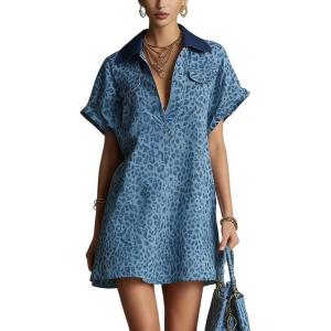 image:imageCHARTOU Women Leopard Denim Mini Dress Lapel Deep V Neck Short Cap Sleeve Summer Shirt DressBlue