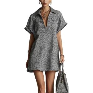 image:imageCHARTOU Women Leopard Denim Mini Dress Lapel Deep V Neck Short Cap Sleeve Summer Shirt DressGrey