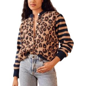 image:imageCHARTOU Women Leopard Stripe Print Cardigans Contrast Open Front Cardigan Sweater Outwear CoatsNavy
