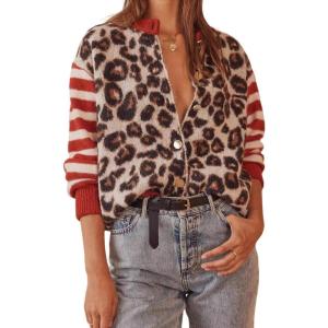 image:imageCHARTOU Women Leopard Stripe Print Cardigans Contrast Open Front Cardigan Sweater Outwear CoatsRed