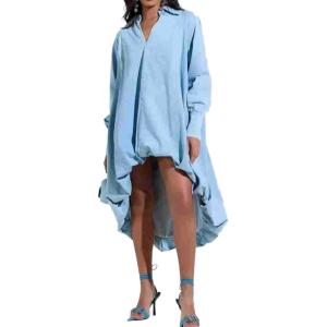 image:imageCHARTOU Women Long Sleeve Denim Shirt Dress V Neck Asymmetrical Puff HighLow Hem Jean Dress Loose TunicBlue