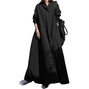 image:imageCHARTOU Women Long Sleeve Maxi Dress Ruffle Flowy Shirt Dress Oversize Tunic Dress A Line Beach Plus SizeBlack