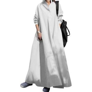 image:imageCHARTOU Women Long Sleeve Maxi Dress Ruffle Flowy Shirt Dress Oversize Tunic Dress A Line Beach Plus SizeWhite