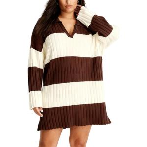 image:imageCHARTOU Women Long Sleeve Rugby Mini Sweater Dress Fall Fashion Polo Contrast Striped Knit Dress Loose TunicBrown
