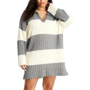 image:imageCHARTOU Women Long Sleeve Rugby Mini Sweater Dress Fall Fashion Polo Contrast Striped Knit Dress Loose TunicGrey