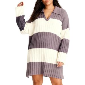 image:imageCHARTOU Women Long Sleeve Rugby Mini Sweater Dress Fall Fashion Polo Contrast Striped Knit Dress Loose TunicPurple