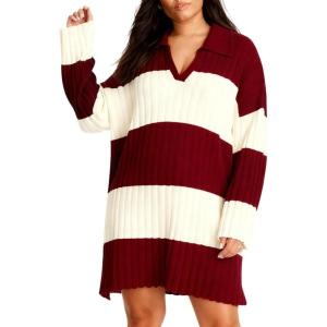 image:imageCHARTOU Women Long Sleeve Rugby Mini Sweater Dress Fall Fashion Polo Contrast Striped Knit Dress Loose TunicWine