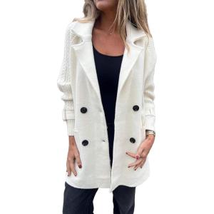 image:imageCHARTOU Women Notch Lapel Knit Patchwork Sleeve Coat Winter Buttons DoubleSized Wool Blend PeacoatCream
