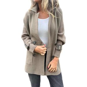 image:imageCHARTOU Women Notch Lapel Knit Patchwork Sleeve Coat Winter Buttons DoubleSized Wool Blend PeacoatGrey Green