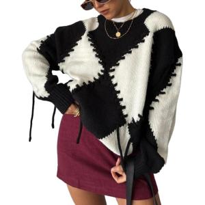 image:imageCHARTOU Women Oversized Y2k Contrast Color Diamond Rib Knit Pullover Sweater Jumper with Drawstring BindingBlack