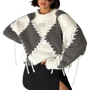 image:imageCHARTOU Women Oversized Y2k Contrast Color Diamond Rib Knit Pullover Sweater Jumper with Drawstring BindingGrey