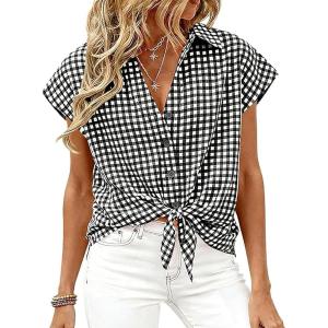 image:imageCHARTOU Women Plaid Summer Top Lapel Cap Short Sleeve Button Down Shirt Dressy Casual Work BlousesBlack