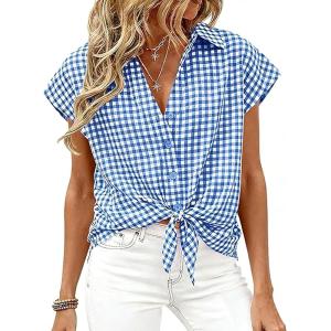 image:imageCHARTOU Women Plaid Summer Top Lapel Cap Short Sleeve Button Down Shirt Dressy Casual Work BlousesBlue